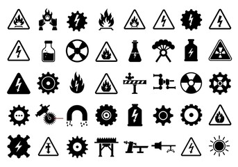 Dynamic collection of industrial hazard and energy icons featuring warning symbols, gears, flames, radiation, and electrical charges for safety and power concepts.