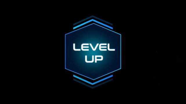 Animation text LEVEL UP HUD on black background.