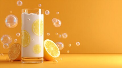 Refreshing lemon drink with bubbles on vibrant orange backdrop