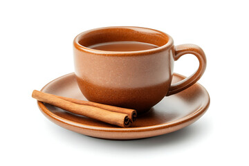 Warm ceramic cup filled with rich beverage and two fragrant cinnamon sticks resting on saucer, perfect for cozy moments.