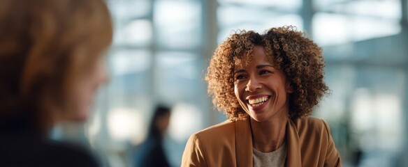 The woman smiling during a casual business conversation in a modern office setting