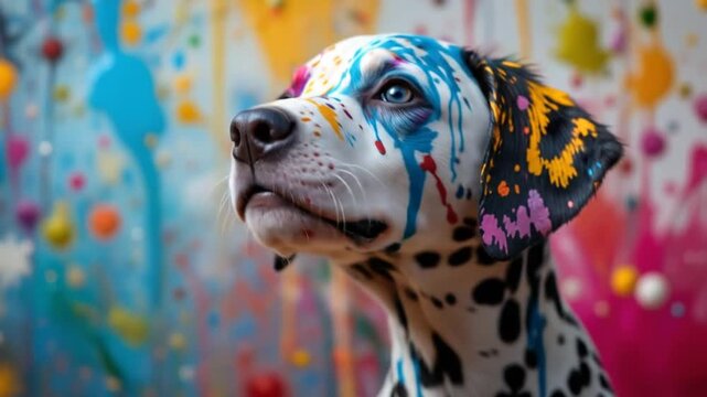 Adorable Dalmatian puppy covered in vibrant paint, with colorful splash background, showcasing