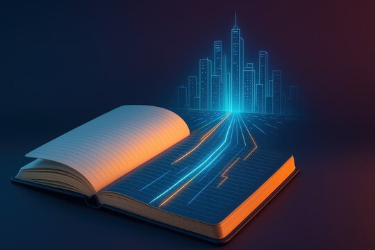 Open Book With Glowing Futuristic City Skyline Emerging. Digital Education And Knowledge Conceptual Illustration