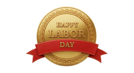 A golden happy labor day badge with red ribbon on a black background for holiday celebration event