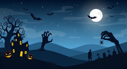 Halloween night spooky scene with haunted house and full moon