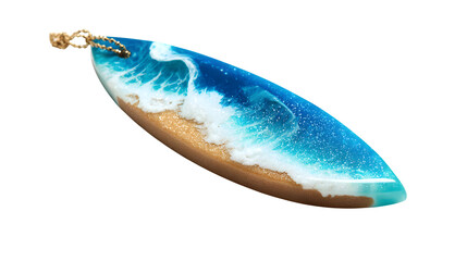 Obraz premium A resin car air freshener charm, designed as a miniature surf board, with a vibrant, hand-painted wave design, bringing a touch of the beach to your vehicle, isolated on a Transparent Background