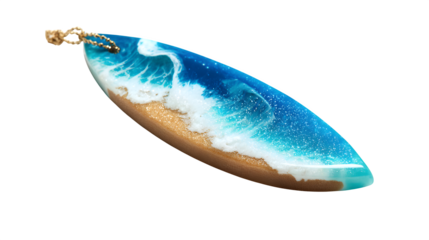 A resin car air freshener charm, designed as a miniature surf board, with a vibrant, hand-painted wave design, bringing a touch of the beach to your vehicle, isolated on a Transparent Background