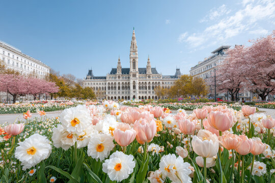 stunning view of vienna old town hall surrounded by blooming spring flowers