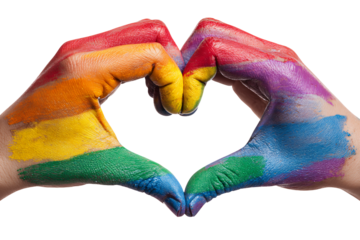 Rainbow painted hands form a heart, celebrating love and pride