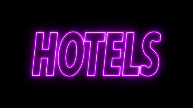 Animated glowing flickering neon inscription hotels. neon hotels text animation