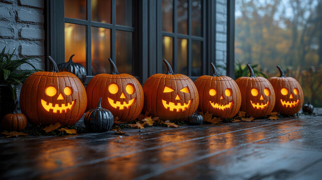 A festive Halloween display unfolds on a pristine, white wooden surface. Nine vibrant orange pumpkins, adorned with intricate jack o'lanterns, stand in perfect rows, their glowing eyes gazing 
