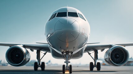Naklejka premium Close-Up Frontal Hero Shot Of Airplane Nose And Engines, Standing Still On Runway Under Bright Sunlight, Cockpit Windows Crystal Clear, Minimalistic Background With Clean Blue Sky, Perfect For Adver