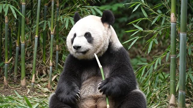 An endearing giant panda, an icon of wildlife conservation, enjoys a moment of quiet reflection while consuming a fresh bamboo shoot within its verdant sanctuary