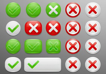 Dynamic collection of vibrant green checkmarks and bold red crosses, perfect for decision making, approval, and rejection visuals in modern design projects.