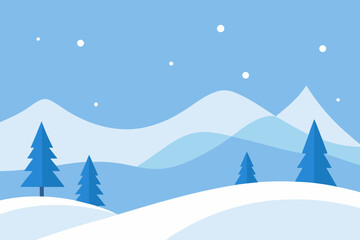 Flat design winter landscape with snow falling on pine trees and mountains