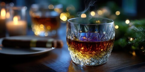 Warm ambiance created by a crystal glass of whiskey beside lit candles and decoration during a cozy evening gathering