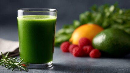 A refreshing green smoothie sits in a clear glass. This vibrant drink combines nutrients from fruits and vegetables. Perfect for health enthusiasts and refreshment lovers. AI