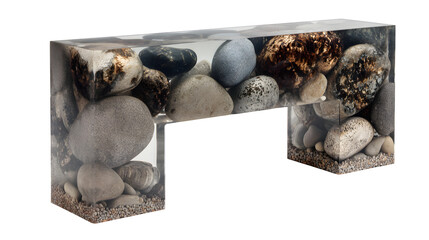 A resin console table with a river stone motif, where smooth, polished river stones are artfully arranged and encapsulated in clear resin,