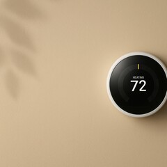 Fototapeta premium Smart Thermostat On Beige Wall Showing Heating Status. Modern Temperature Control Device