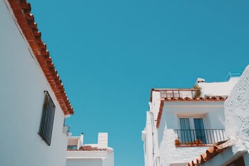 White Buildings With Terracotta Roofs Against Bright Blue Sky