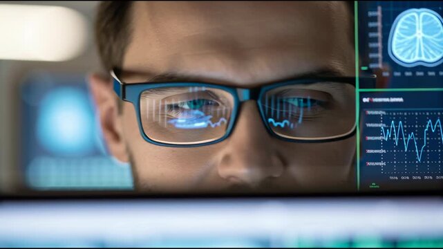 Neural Interface Technology with Brain Data on Computer Screen through Glasses Showcasing Advanced Digital Data Visualization