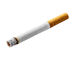 Burning cigarette with glowing ember and ash, isolated on black
