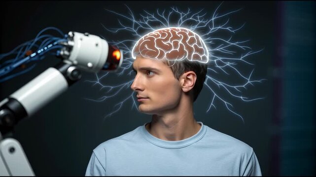 Advanced Neural Interface Connecting Brain and Computer with Robotic Arm Showcasing Human AI Technology and Artificial Intelligence Innovation