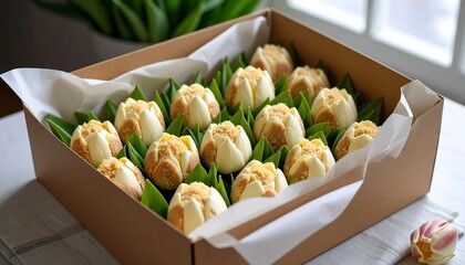 Delicate pastries shaped like tulips, presented in a light brown cardboard box, showcasing a captivating arrangement of small, light yellow desserts.