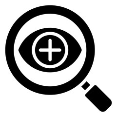 Focus Vision Glyph Black Silhouette Icon Design Vector - Magnifying glass over an eye with plus symbol, representing vision enhancement, inspection, or focus
