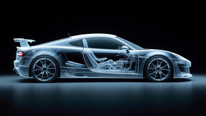 スポーツカーのレントゲン写真、モノクロ