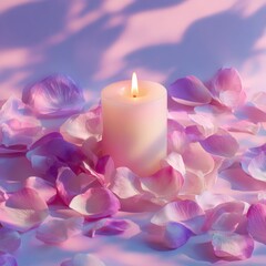Lit White Candle Surrounded by Pink and Purple Rose Petals on Soft Surface lit candle pink petals
