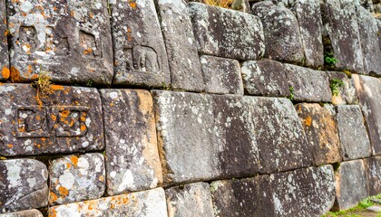 Ancient Stone Wall with Carvings: Weathered blocks of stone, intricately carved with historical details, tell tales of the past. A glimpse into a bygone era, revealing textures and details.