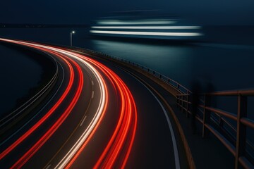 Coastal Bridge Light Trails And Boat Blur At Night. Marine Road Photography