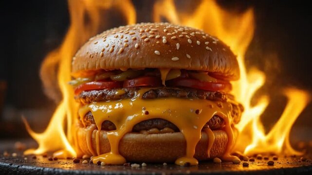Delicious Double Cheeseburger Sizzling with Flames for Food Advertising Content