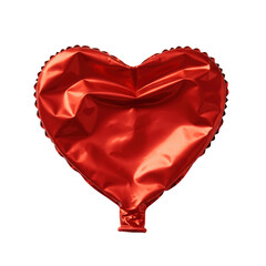 Single red heart-shaped foil balloon, deflated and crumpled flat with detailed textures on a transparent background, captured from a high angle with no shadows. Concept of used and discarded