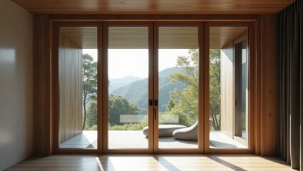 Fototapeta premium A light-filled modern interior showcasing expansive sliding glass doors opening onto a tranquil mountain vista.
