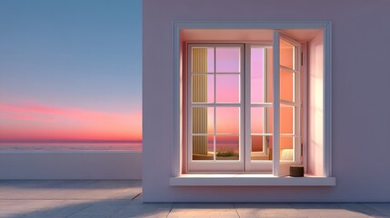 Sunset View from Open Window with Ocean Horizon and Serene Atmosphere in Modern Architecture