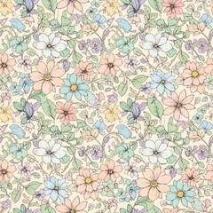 Seamless Pattern, Seamless floral pattern with pastel flowers and leaves for textile design Stock royalty free