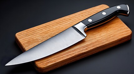 Stainless Steel Chef Knife Resting on a Wooden Cutting Board in a Modern Kitchen