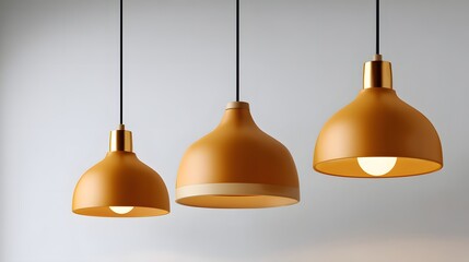 Obraz premium Three Contemporary Pendant Lamps in Warm Gold Tones Hanging Against a Light Gray Wall