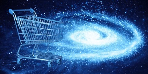 Shopping cart traveling through galaxy representing online shopping or e-commerce