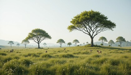 Obraz premium “A minimal yet rich natural scene of grasslands, scattered trees, and small wildlife living together in balance under natural sunlight.” 