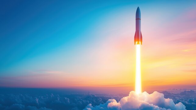 innovation Rocket Silhouette of a rocket lifting off at dawn, with glowing trails, representing breakthroughs and ambitious goals in technology.