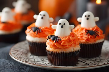 Stylized Spooky Cupcakes for Halloween - Ghost Decorations and Seasonal Colors
