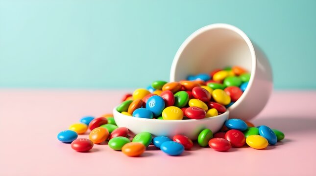 A colorful pile of M&M candies spilling from a bowl, with vibrant reds, blues, yellows, and greens on a bright playful background for National M&M Day.copy space
