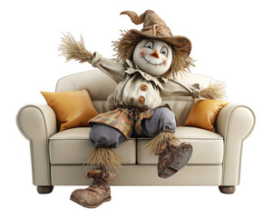 Cheerful scarecrow doll with straw hat, patchwork clothes, and big boots sitting on beige sofa with orange pillows, playful and whimsical atmosphere