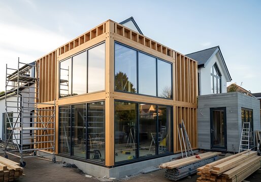 Modern timber framed extension under construction