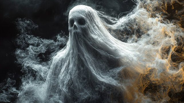 A ghostly figure, shrouded in a wispy white sheet and adorned with spooky makeup, materialized on a transparent PNG background, ready to haunt your digital creations. This generative AI image 