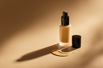 Naklejka premium Luxury foundation bottle on soft beige background. Single drop of foundation creating elegant curved line