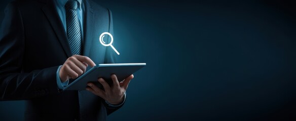 The Businessman Holding Digital Tablet with Virtual Magnifying Glass Search Icon